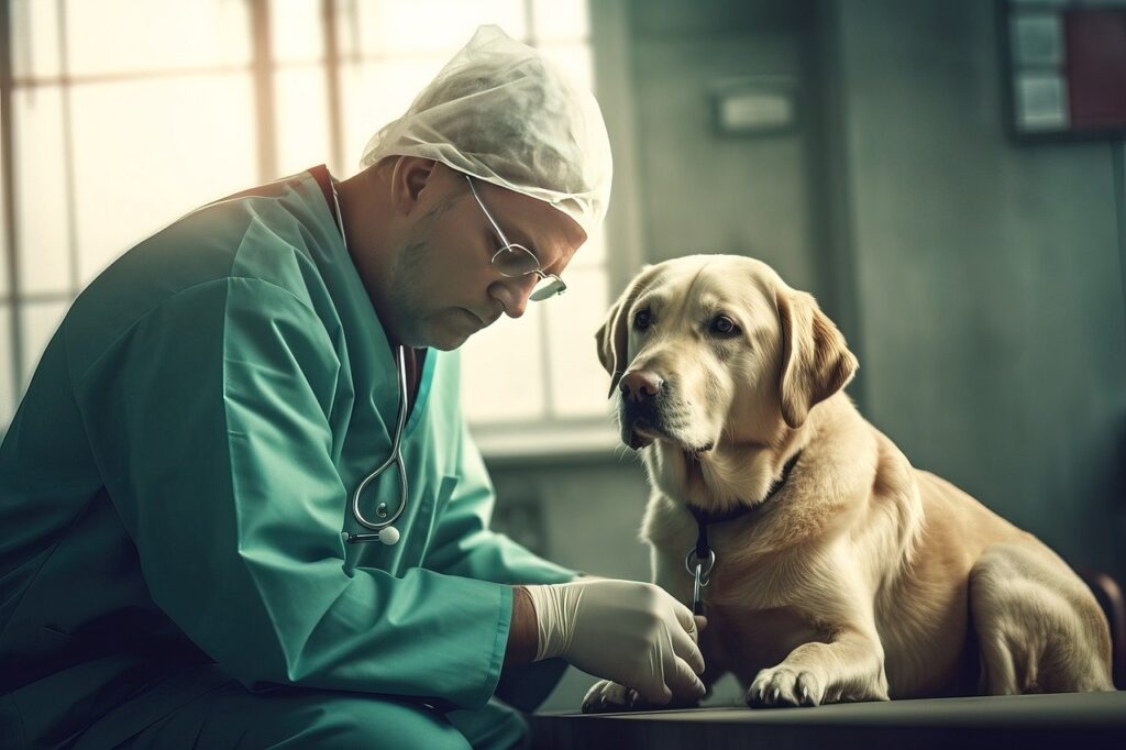 Veterinarian assessing a dog's health during a routine examination